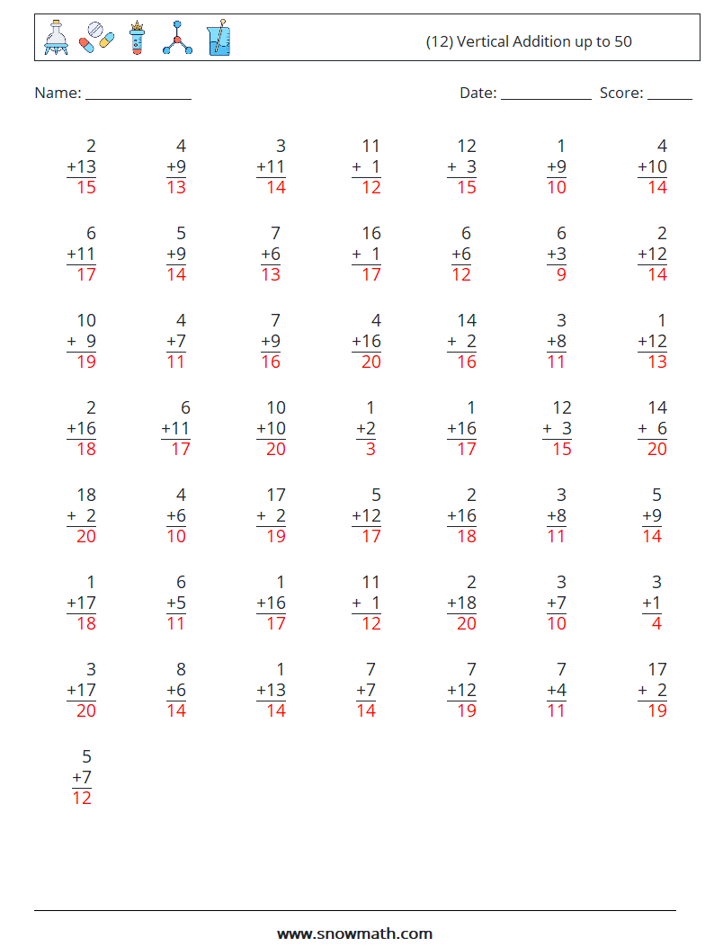 (12) Vertical Addition up to 50 Maths Worksheets 2 Question, Answer