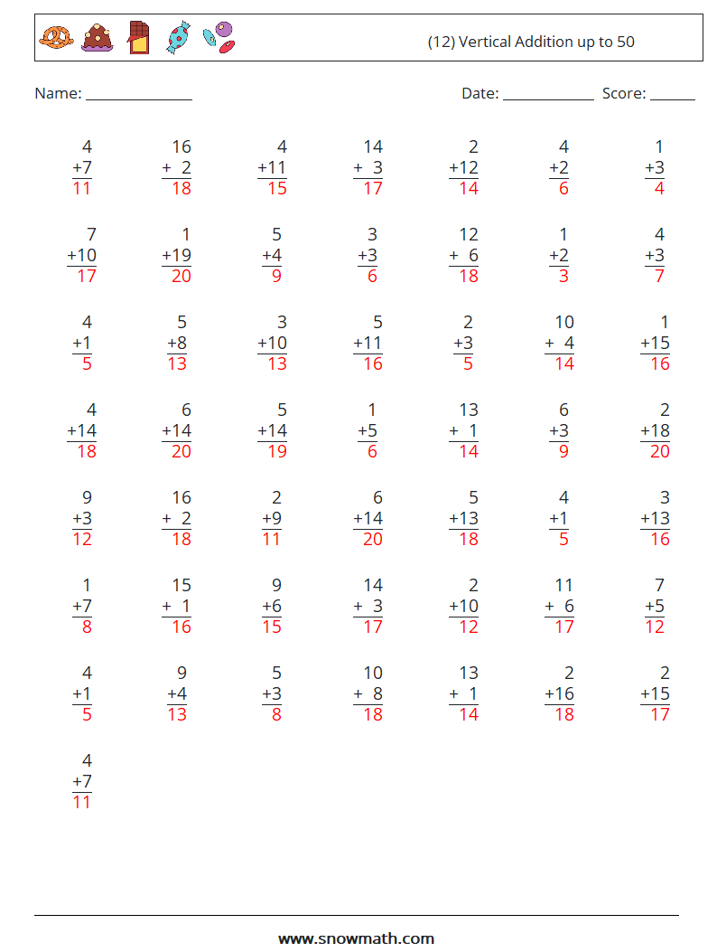 (12) Vertical Addition up to 50 Maths Worksheets 3 Question, Answer