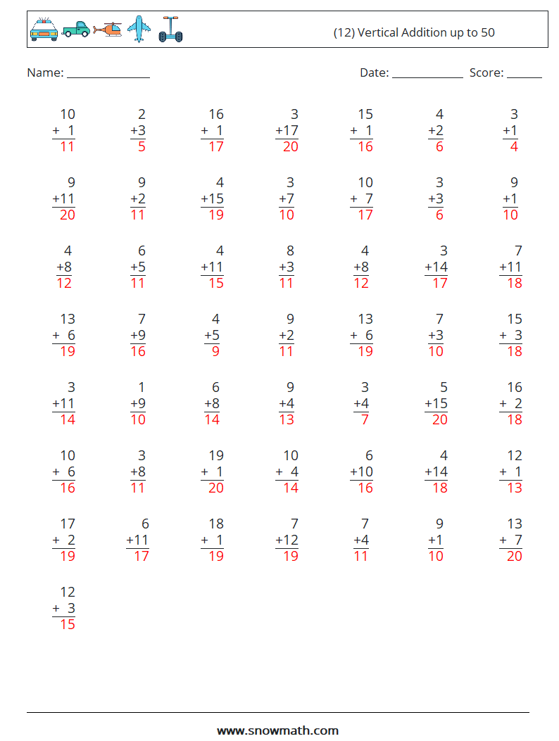 (12) Vertical Addition up to 50 Maths Worksheets 4 Question, Answer