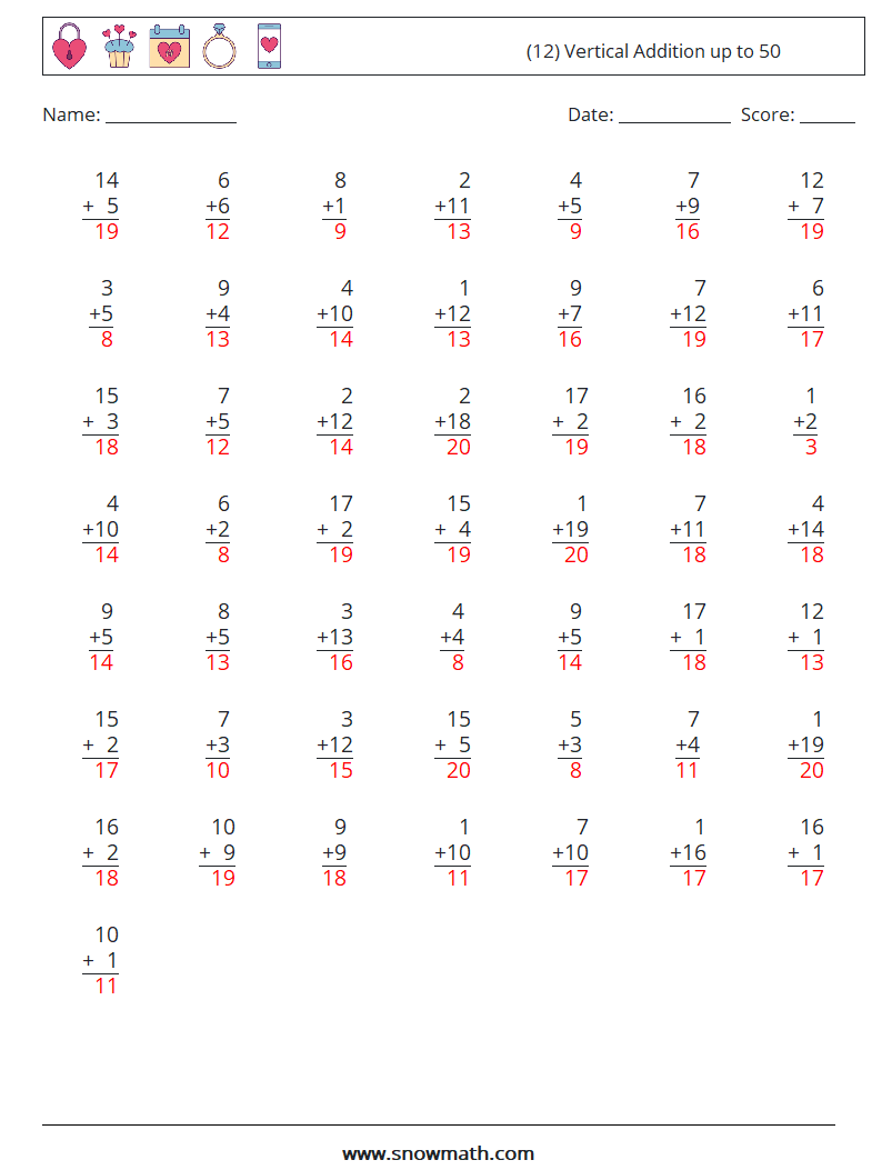 (12) Vertical Addition up to 50 Maths Worksheets 5 Question, Answer