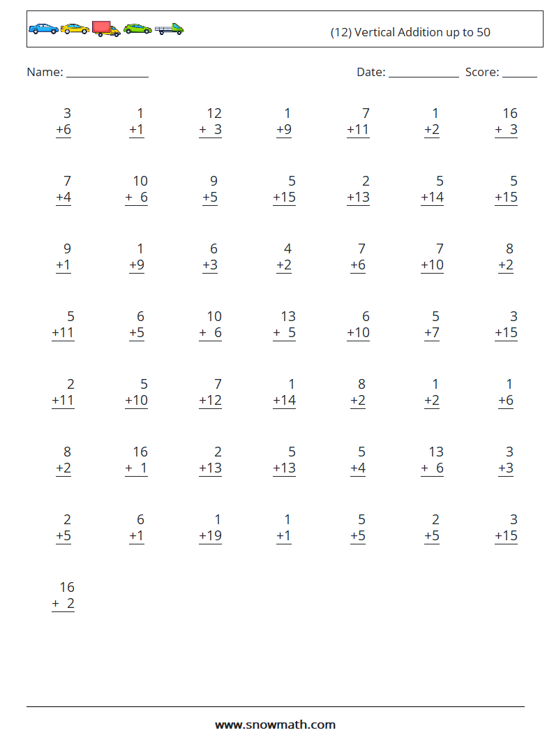 (12) Vertical Addition up to 50 Maths Worksheets 6