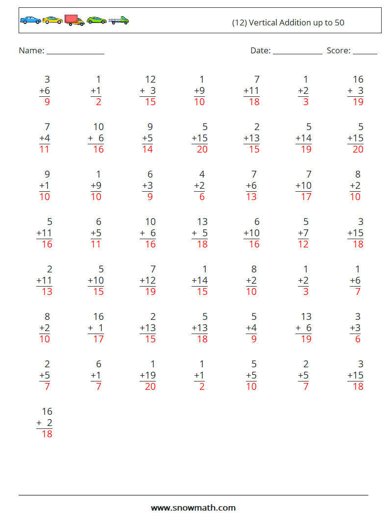 (12) Vertical Addition up to 50 Maths Worksheets 6 Question, Answer