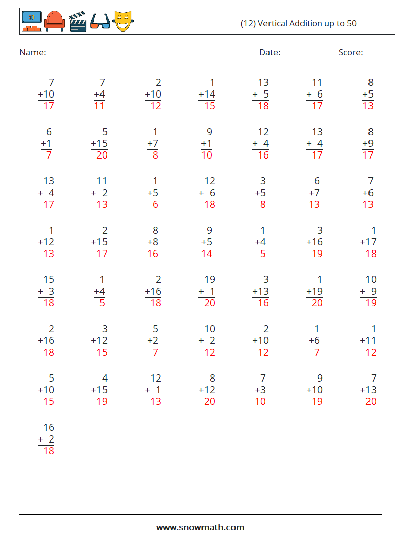 (12) Vertical Addition up to 50 Maths Worksheets 8 Question, Answer