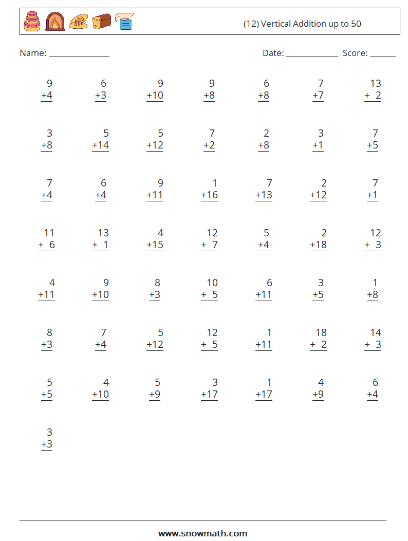 (12) Vertical Addition up to 50 Maths Worksheets 9