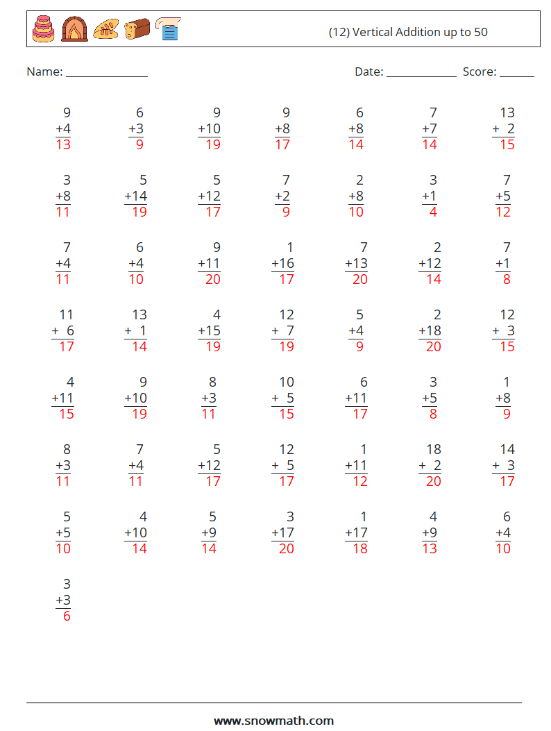 (12) Vertical Addition up to 50 Maths Worksheets 9 Question, Answer