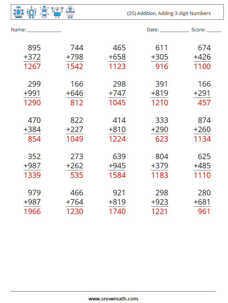 (25) Addition, Adding 3-digit Numbers Maths Worksheets 10 Question, Answer