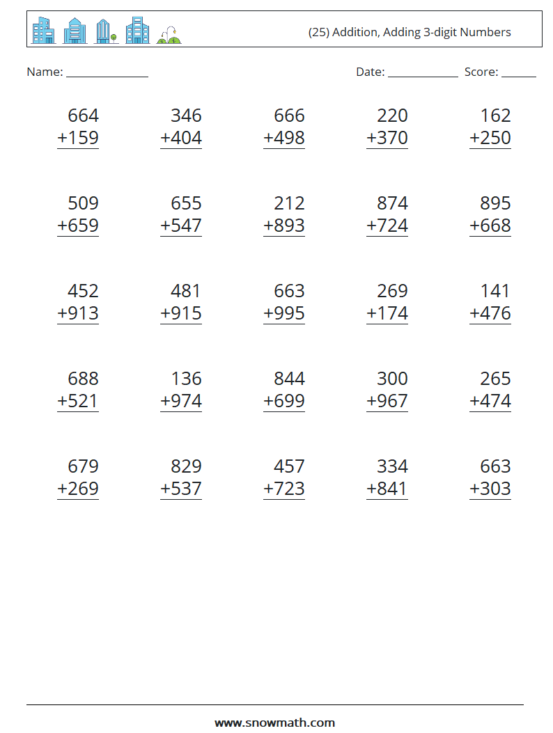 (25) Addition, Adding 3-digit Numbers Maths Worksheets 11