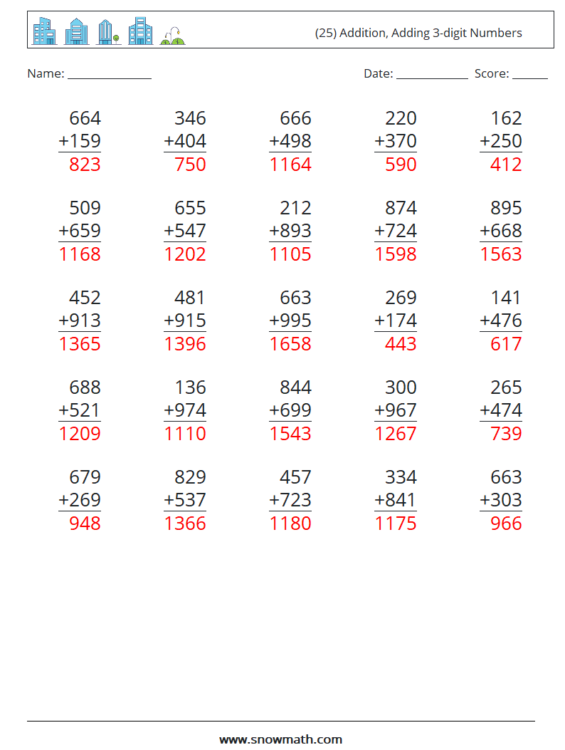 (25) Addition, Adding 3-digit Numbers Maths Worksheets 11 Question, Answer