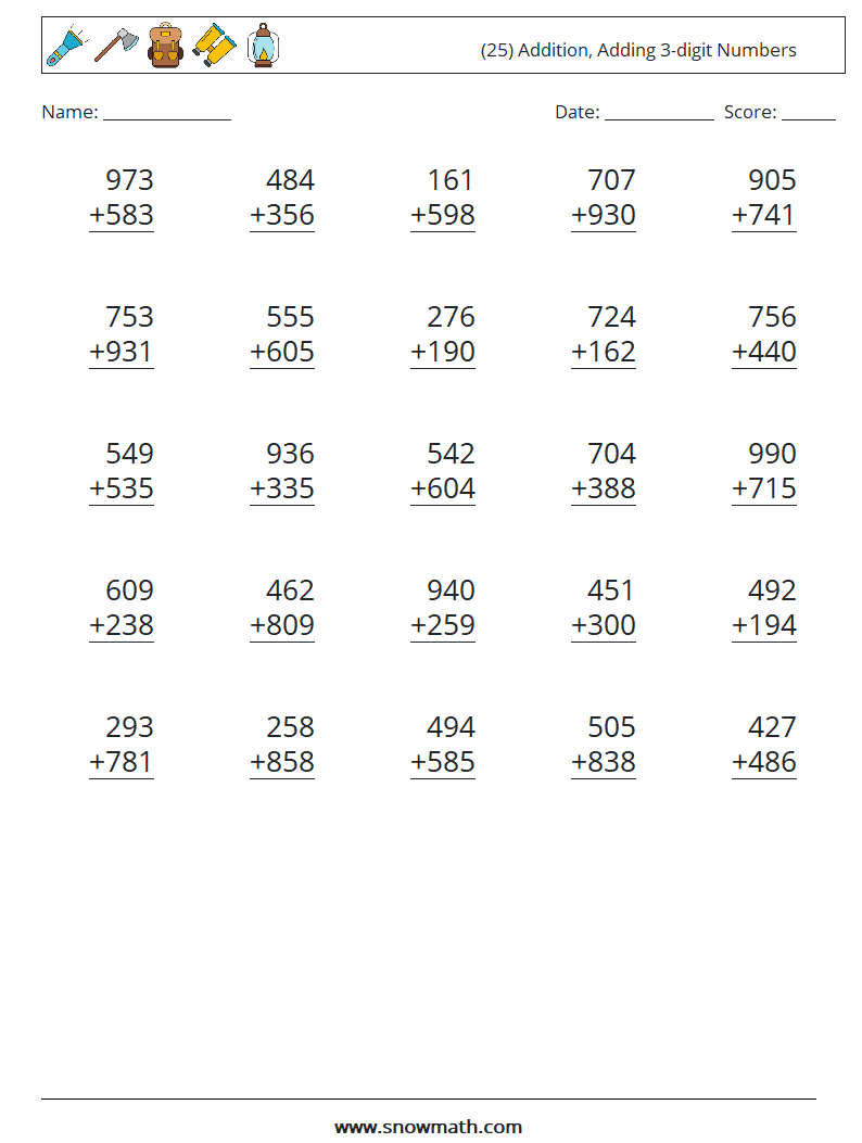 (25) Addition, Adding 3-digit Numbers Maths Worksheets 12