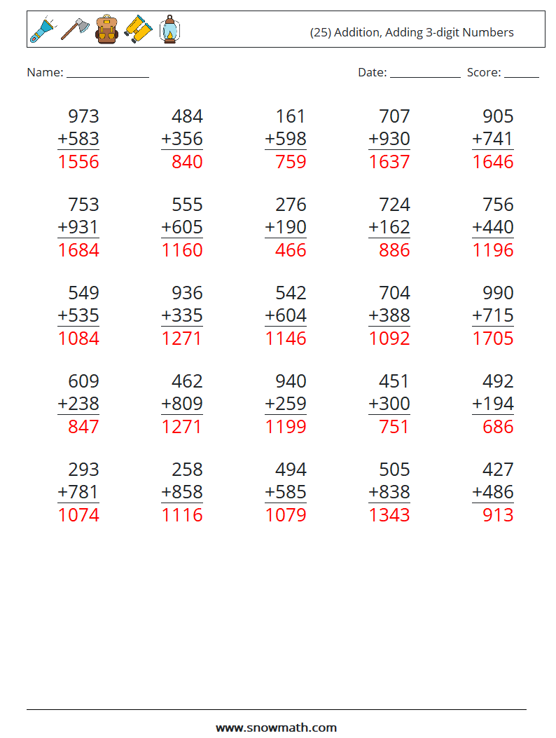 (25) Addition, Adding 3-digit Numbers Maths Worksheets 12 Question, Answer