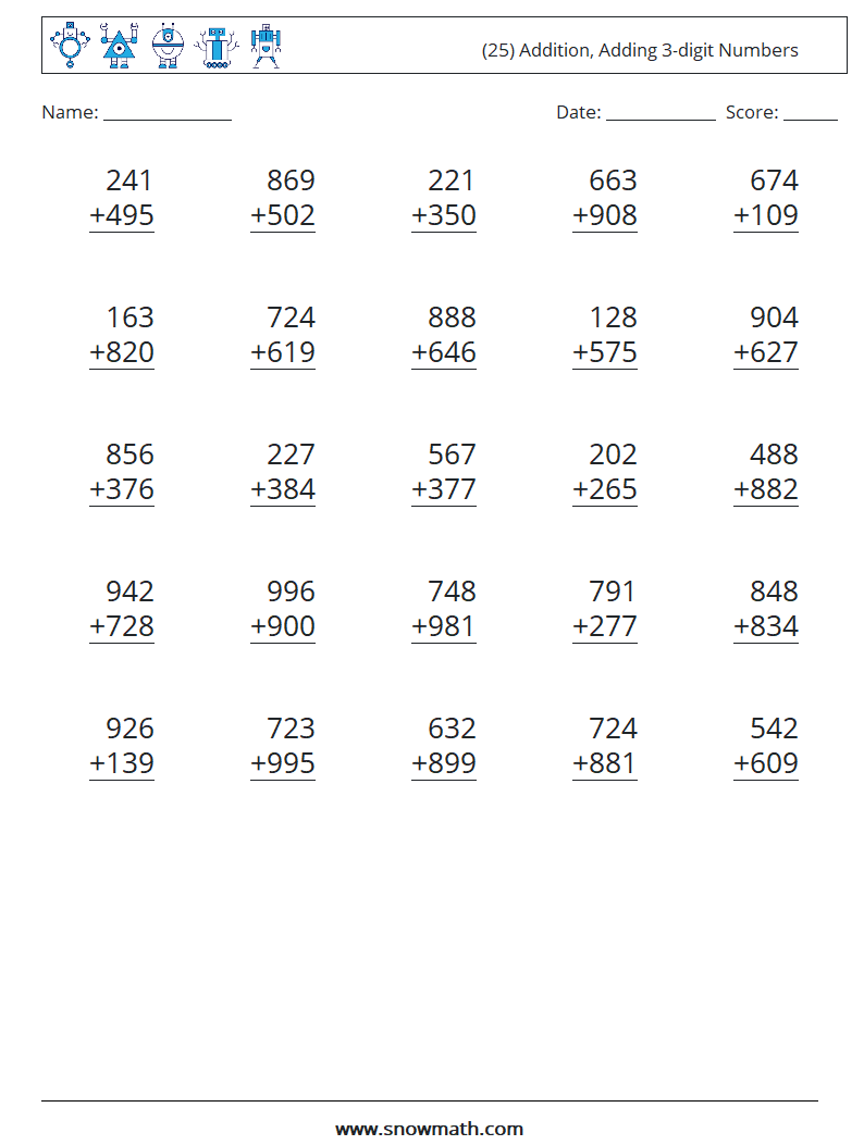 (25) Addition, Adding 3-digit Numbers Maths Worksheets 13