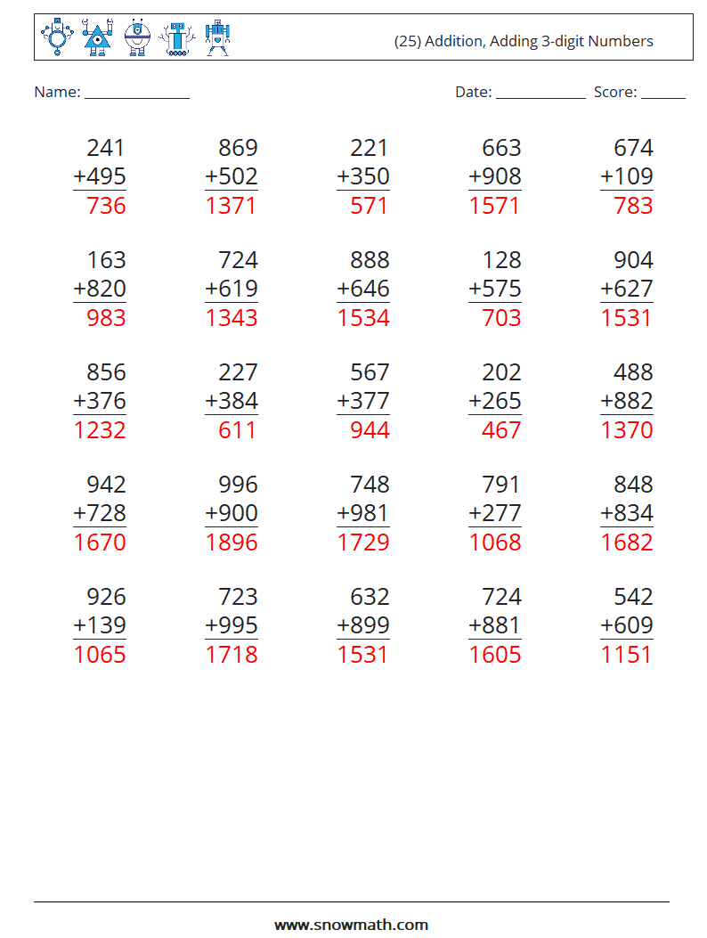 (25) Addition, Adding 3-digit Numbers Maths Worksheets 13 Question, Answer