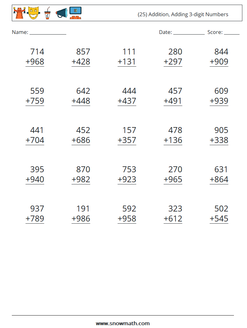 (25) Addition, Adding 3-digit Numbers Maths Worksheets 14