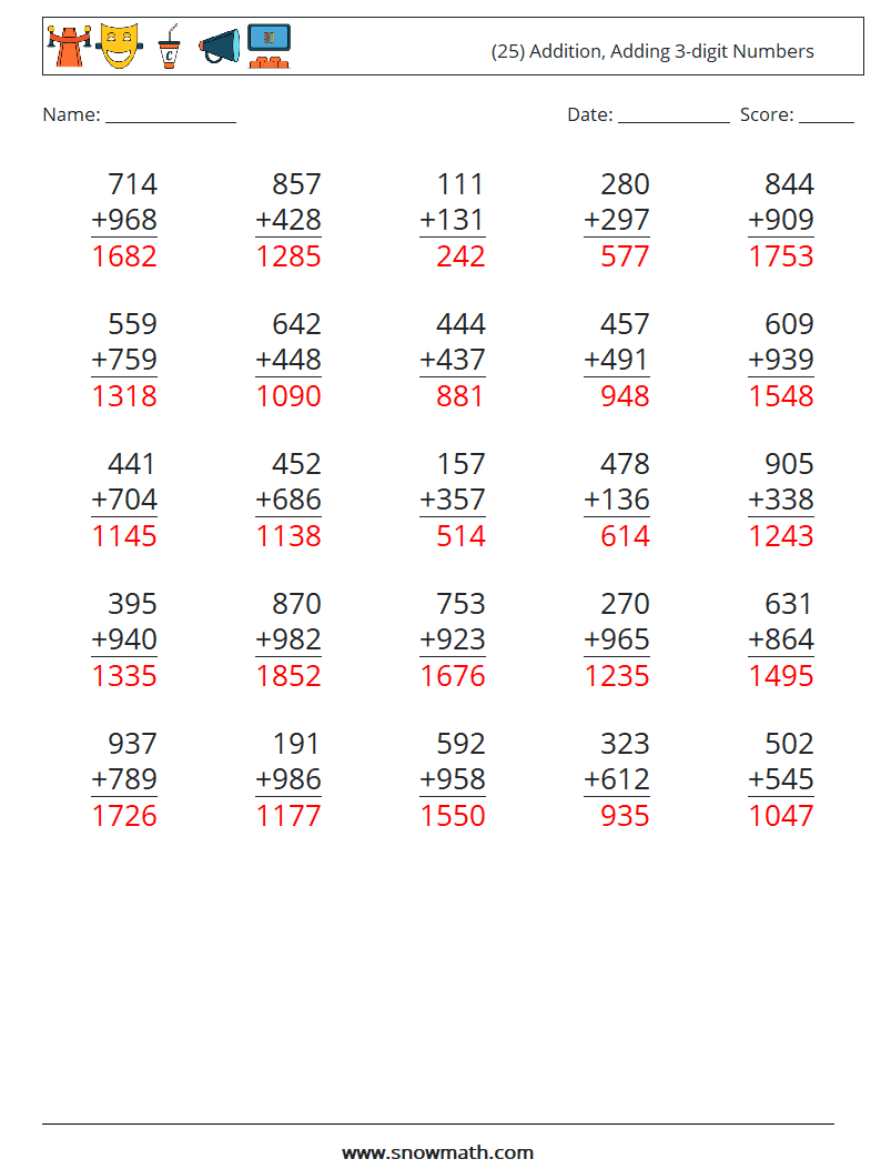 (25) Addition, Adding 3-digit Numbers Maths Worksheets 14 Question, Answer