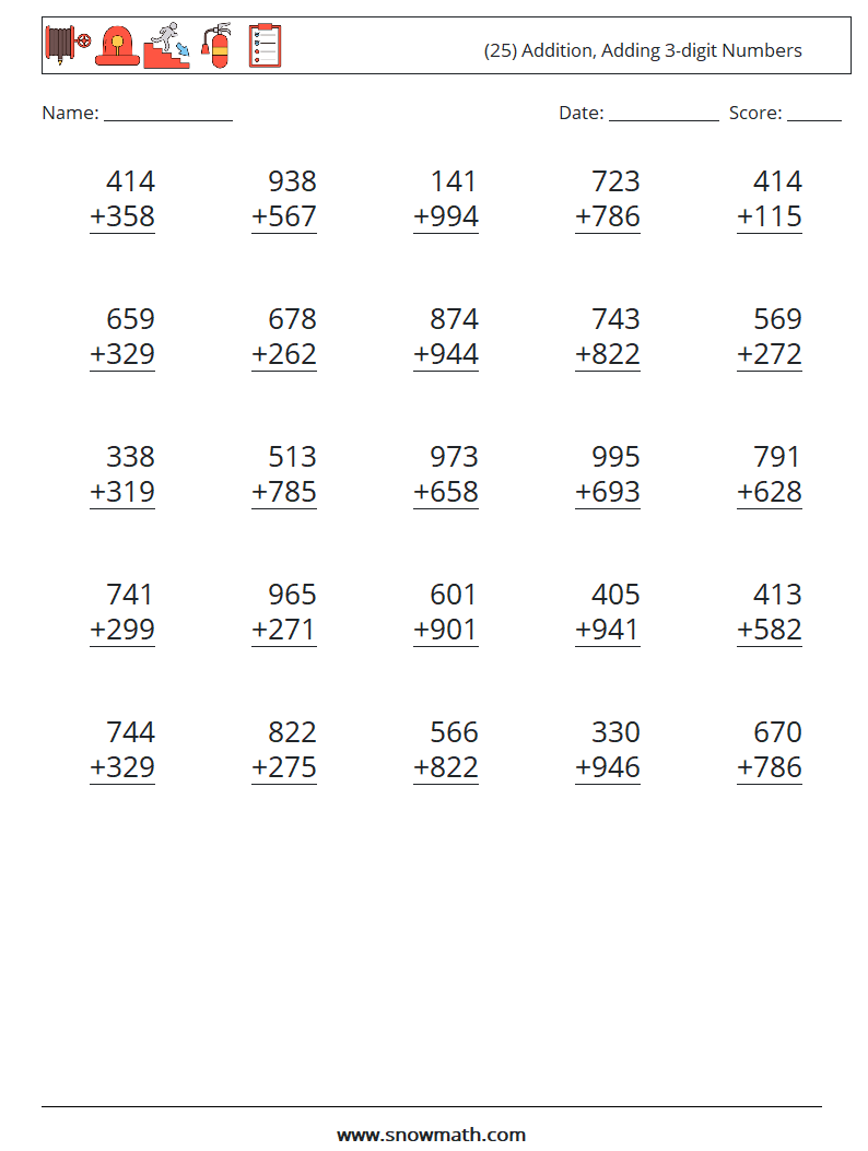 (25) Addition, Adding 3-digit Numbers Maths Worksheets 15