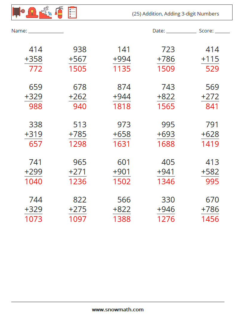 (25) Addition, Adding 3-digit Numbers Maths Worksheets 15 Question, Answer
