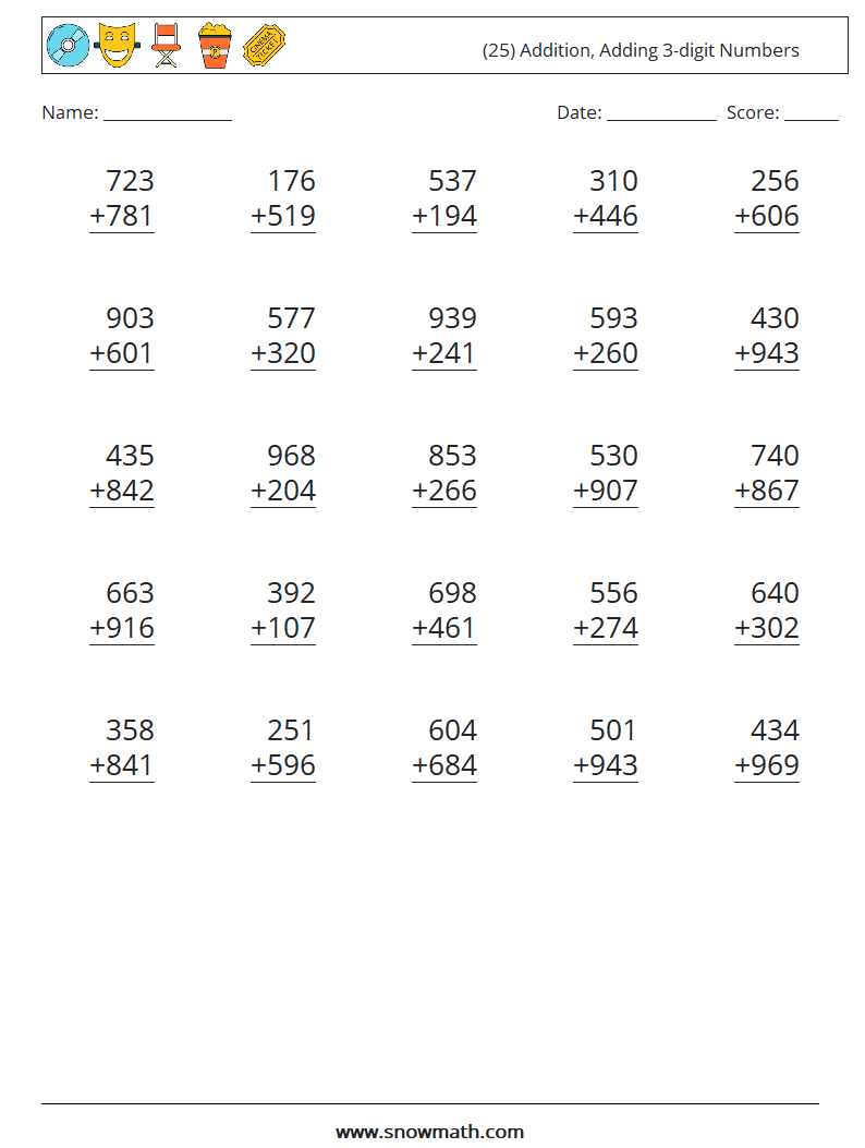 (25) Addition, Adding 3-digit Numbers Maths Worksheets 16