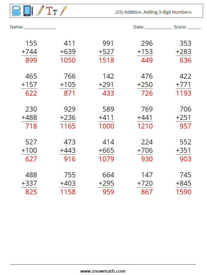 (25) Addition, Adding 3-digit Numbers Maths Worksheets 17 Question, Answer