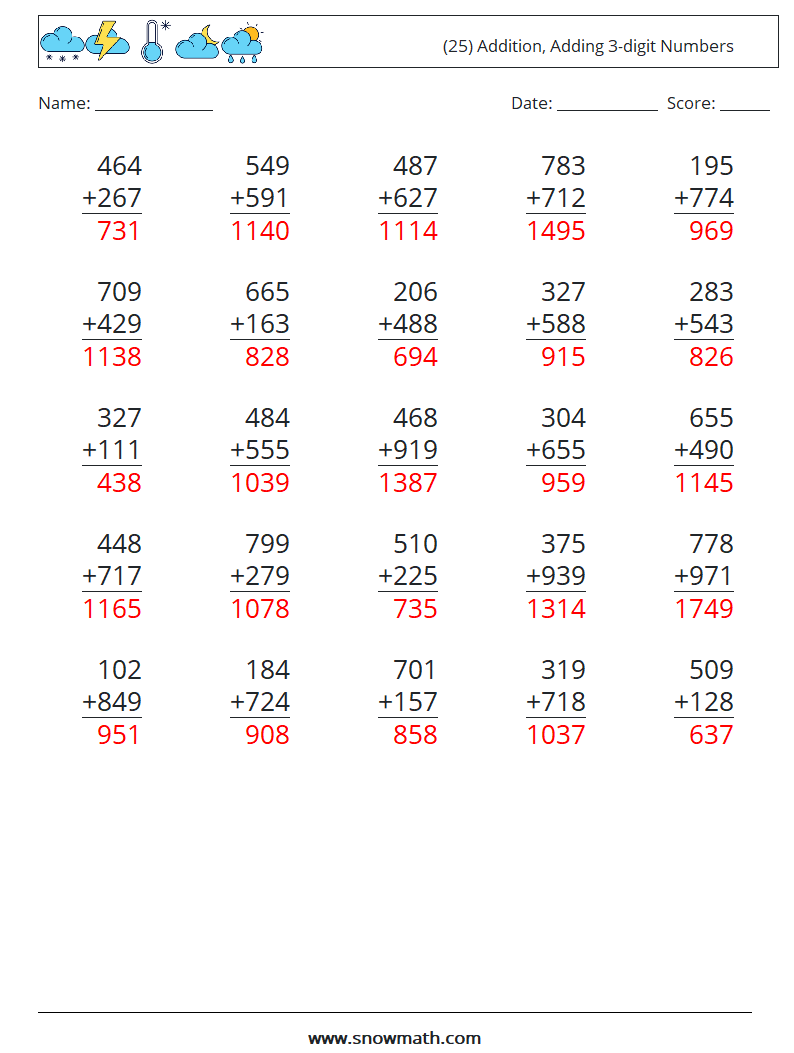 (25) Addition, Adding 3-digit Numbers Maths Worksheets 18 Question, Answer