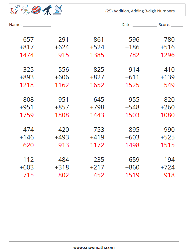 (25) Addition, Adding 3-digit Numbers Maths Worksheets 1 Question, Answer