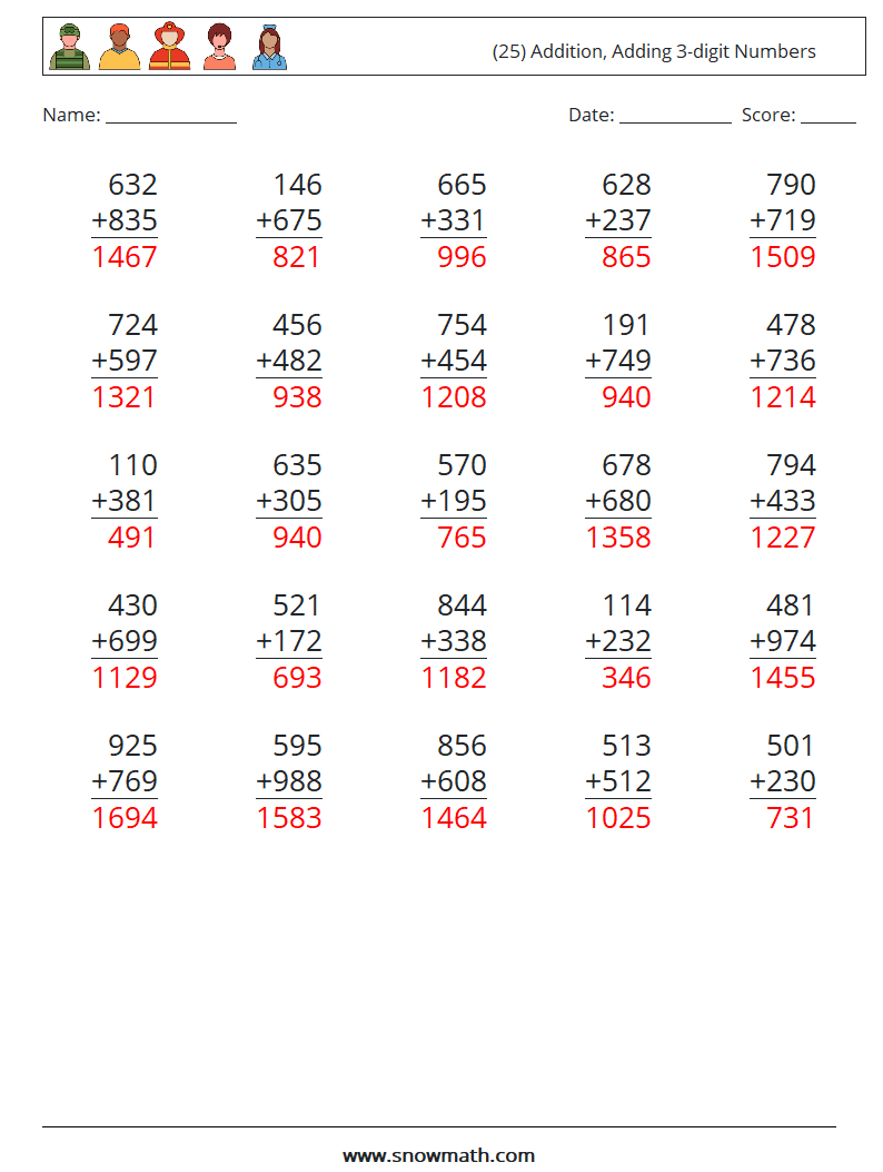 (25) Addition, Adding 3-digit Numbers Maths Worksheets 2 Question, Answer