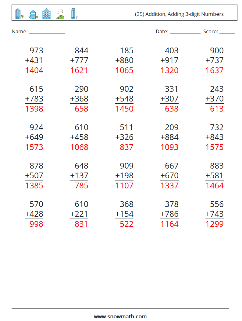 (25) Addition, Adding 3-digit Numbers Maths Worksheets 3 Question, Answer