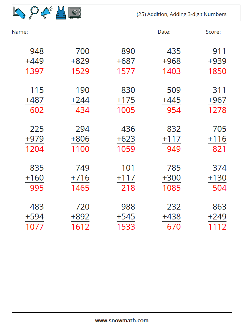 (25) Addition, Adding 3-digit Numbers Maths Worksheets 4 Question, Answer