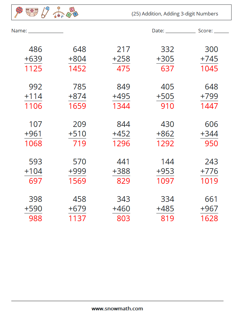 (25) Addition, Adding 3-digit Numbers Maths Worksheets 5 Question, Answer