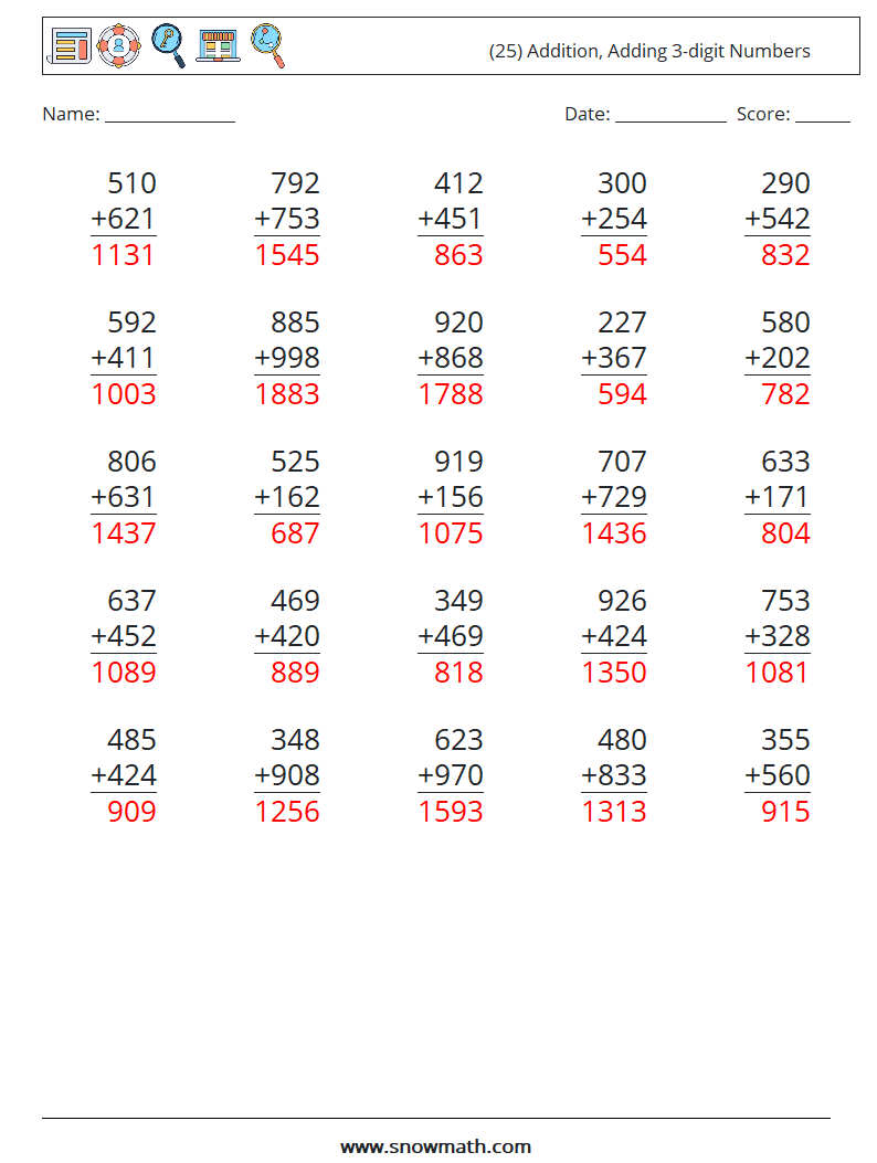 (25) Addition, Adding 3-digit Numbers Maths Worksheets 6 Question, Answer