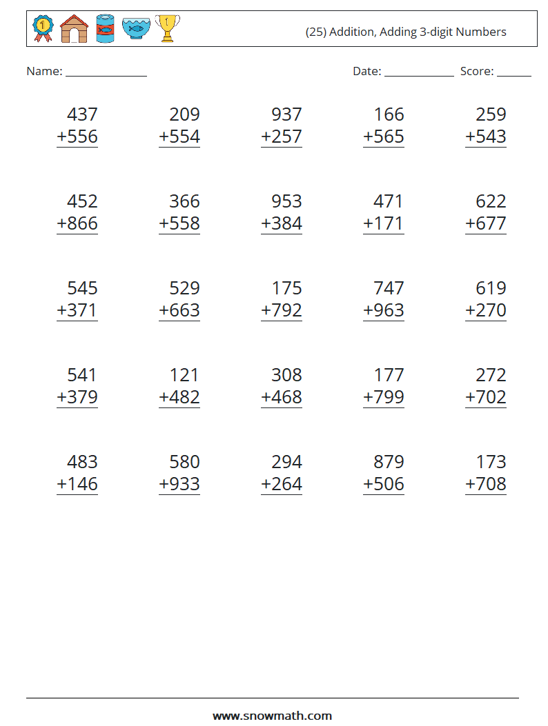 (25) Addition, Adding 3-digit Numbers Maths Worksheets 7