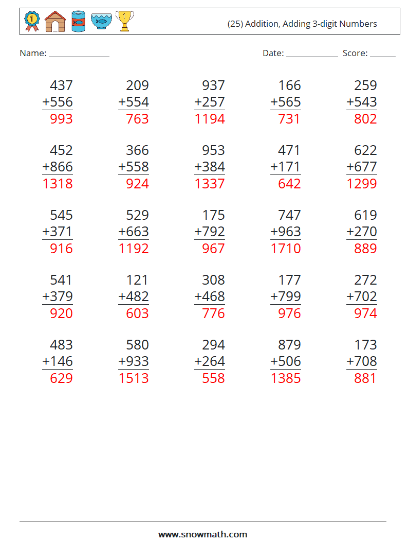 (25) Addition, Adding 3-digit Numbers Maths Worksheets 7 Question, Answer