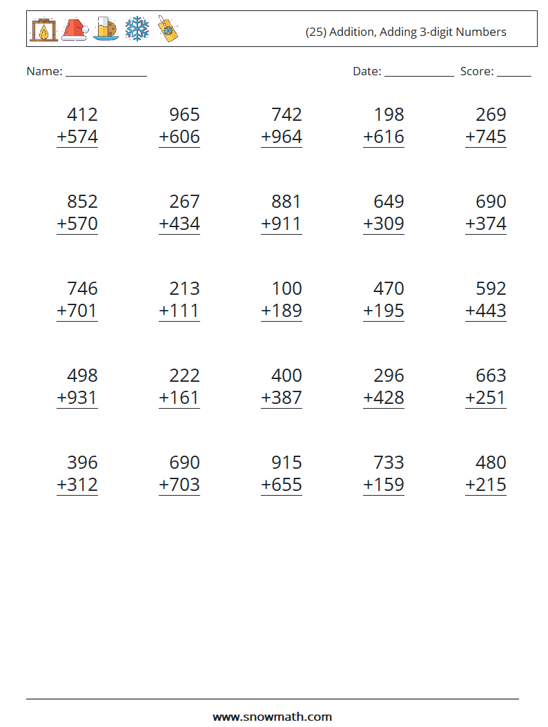 (25) Addition, Adding 3-digit Numbers Maths Worksheets 8