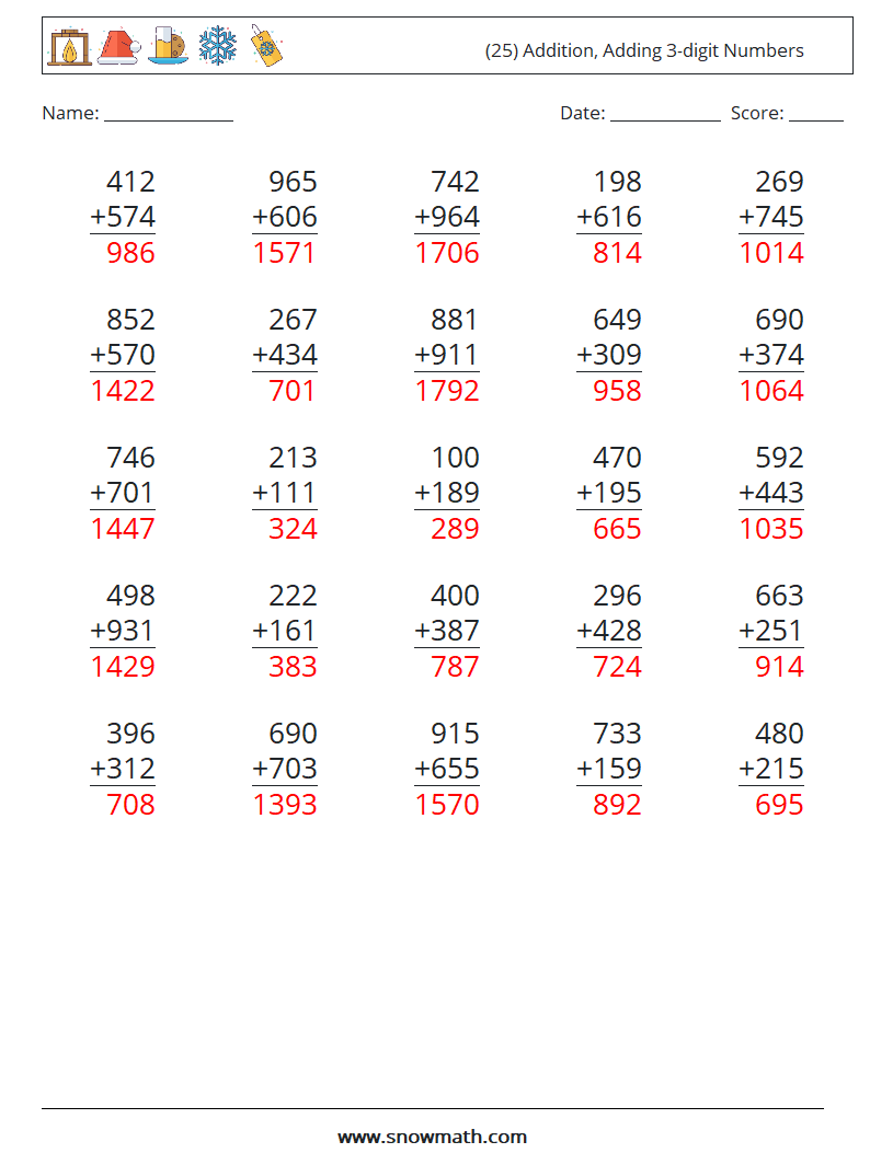 (25) Addition, Adding 3-digit Numbers Maths Worksheets 8 Question, Answer