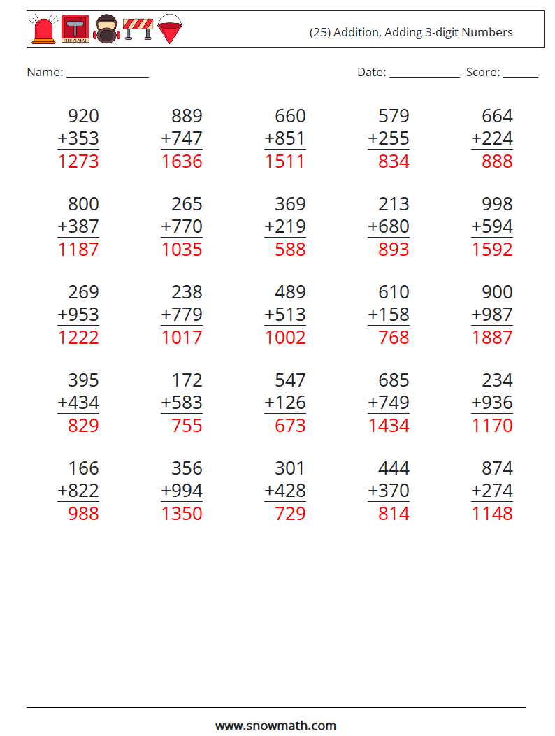 (25) Addition, Adding 3-digit Numbers Maths Worksheets 9 Question, Answer