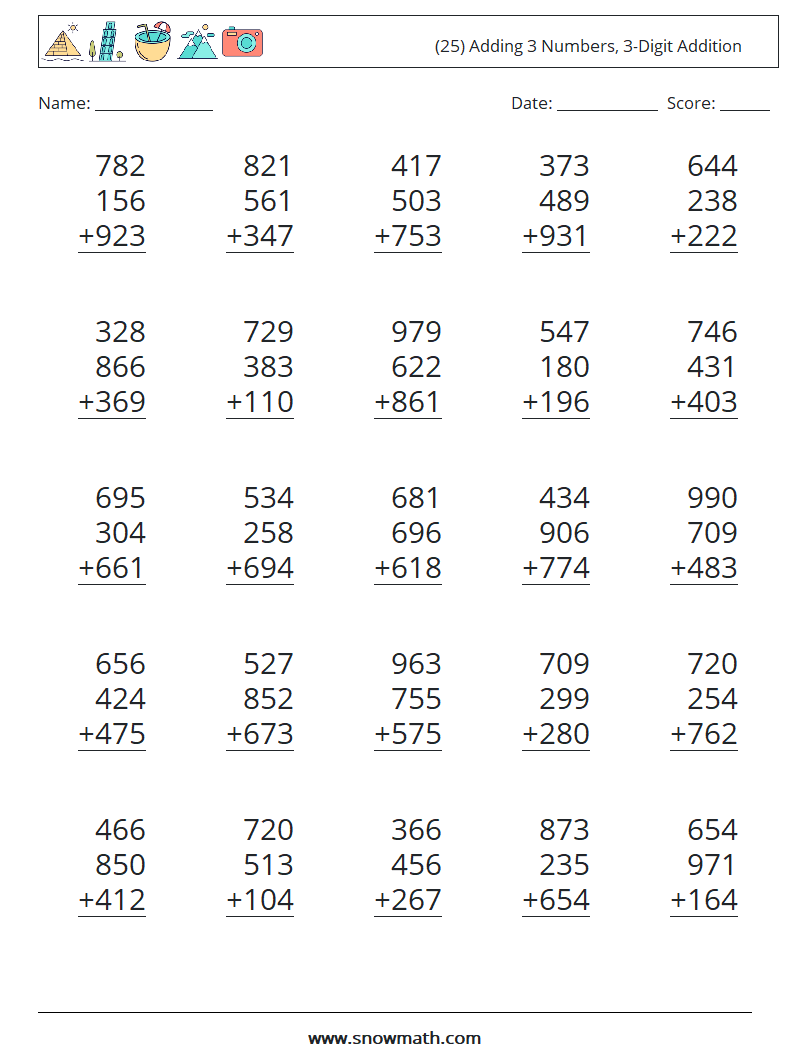 (25) Adding 3 Numbers, 3-Digit Addition Maths Worksheets 1