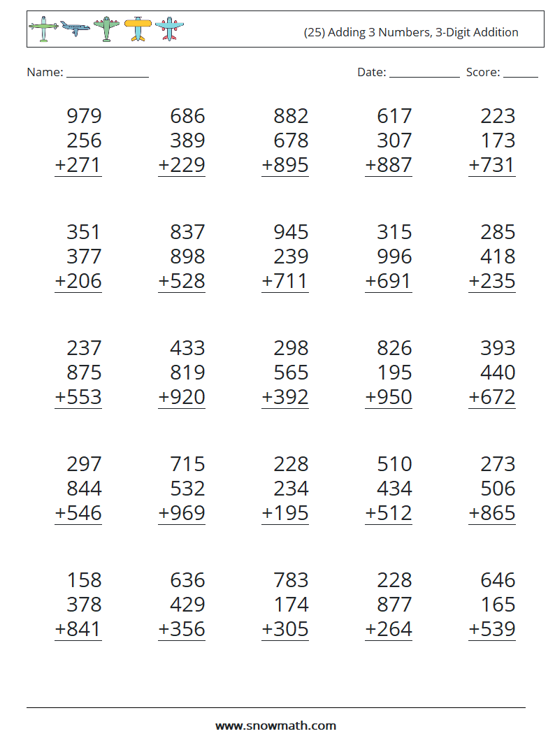 (25) Adding 3 Numbers, 3-Digit Addition Maths Worksheets 10