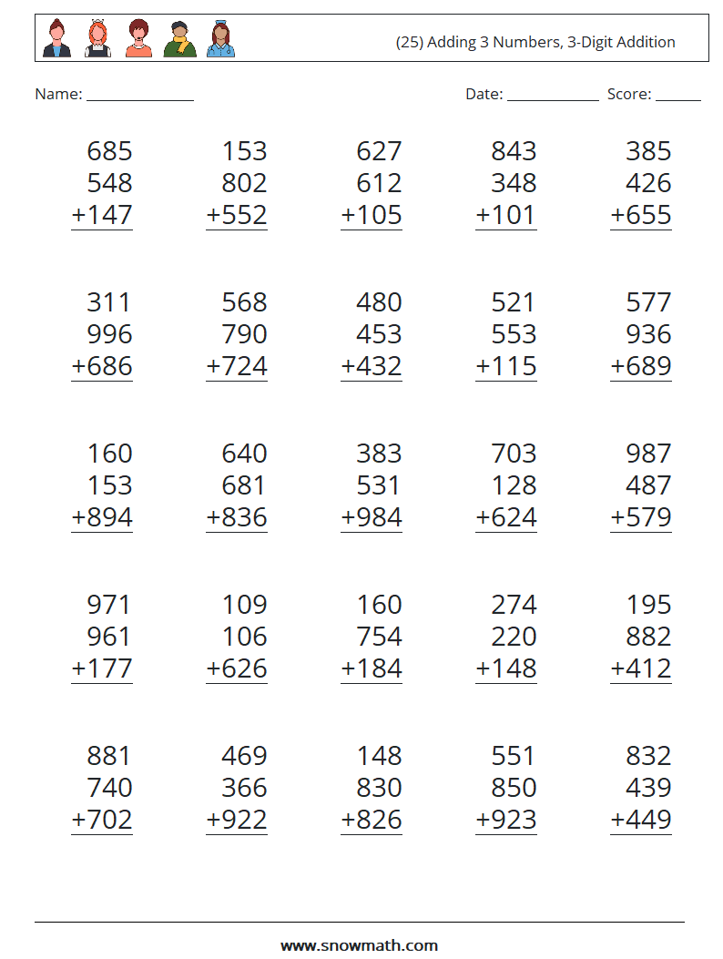 (25) Adding 3 Numbers, 3-Digit Addition Maths Worksheets 11