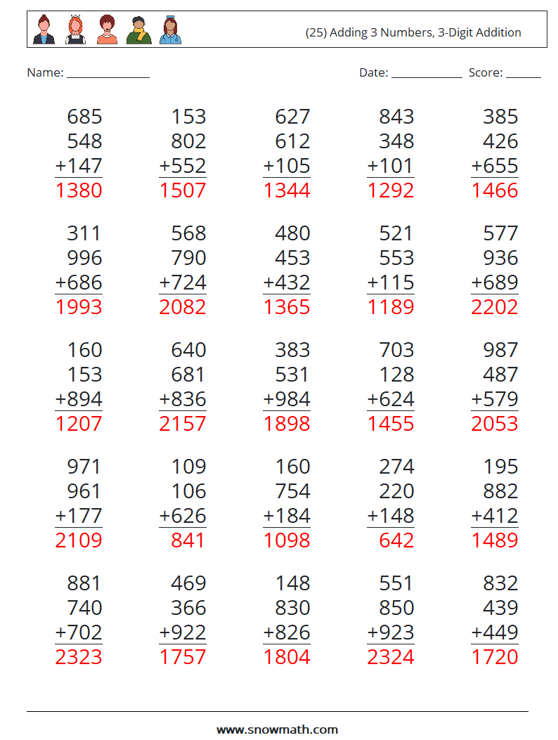 (25) Adding 3 Numbers, 3-Digit Addition Maths Worksheets 11 Question, Answer