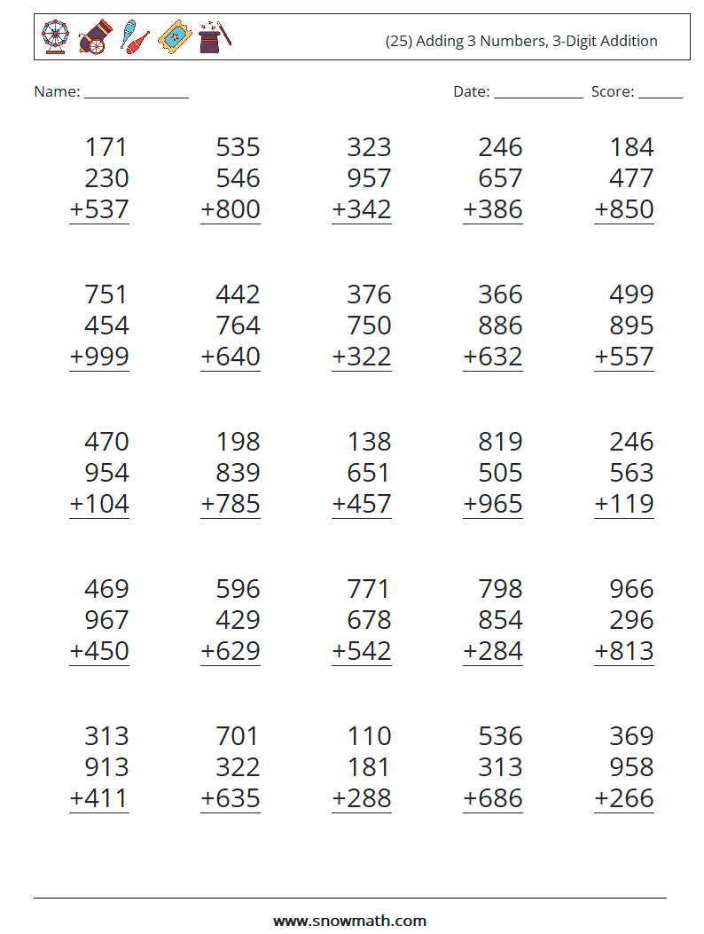 (25) Adding 3 Numbers, 3-Digit Addition Maths Worksheets 12