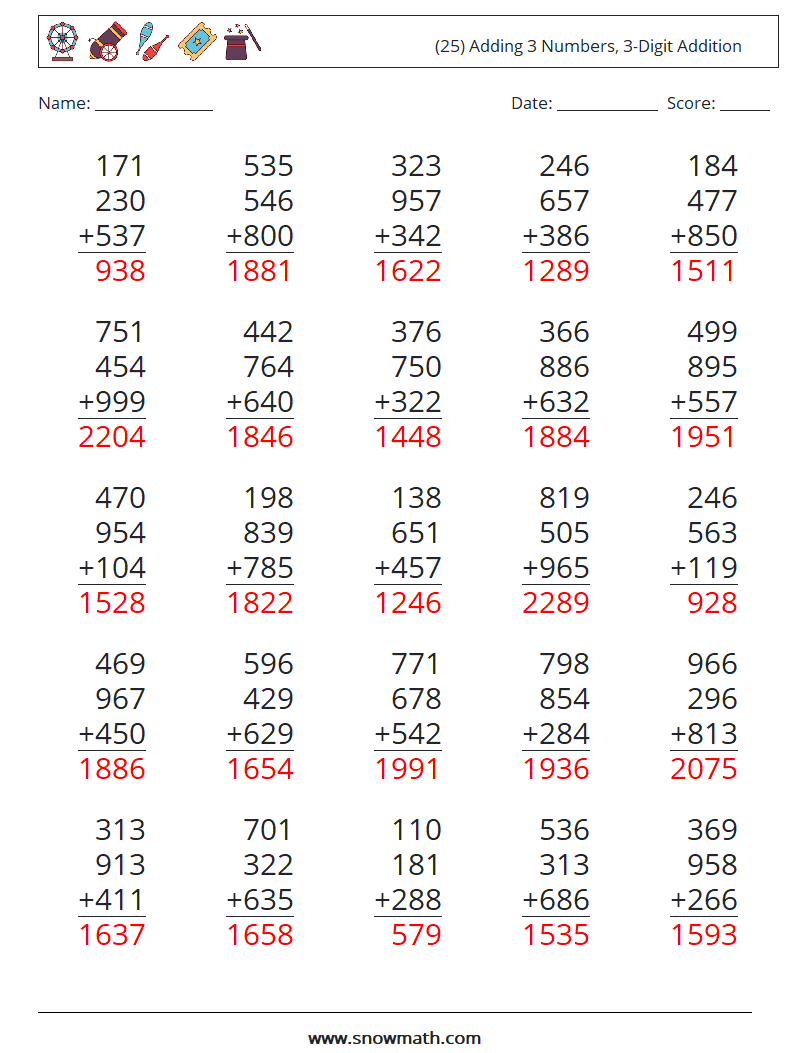 (25) Adding 3 Numbers, 3-Digit Addition Maths Worksheets 12 Question, Answer