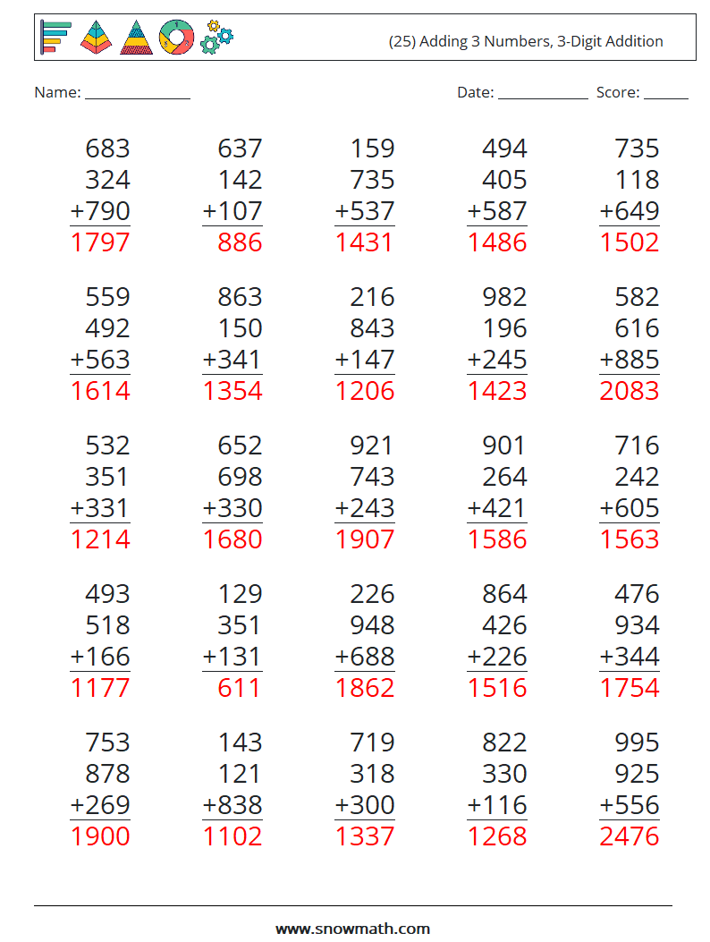 (25) Adding 3 Numbers, 3-Digit Addition Maths Worksheets 13 Question, Answer