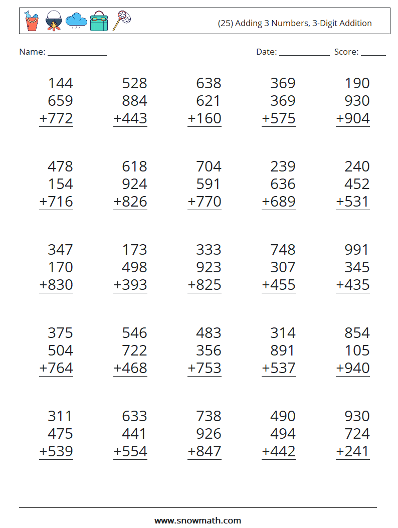 (25) Adding 3 Numbers, 3-Digit Addition Maths Worksheets 16