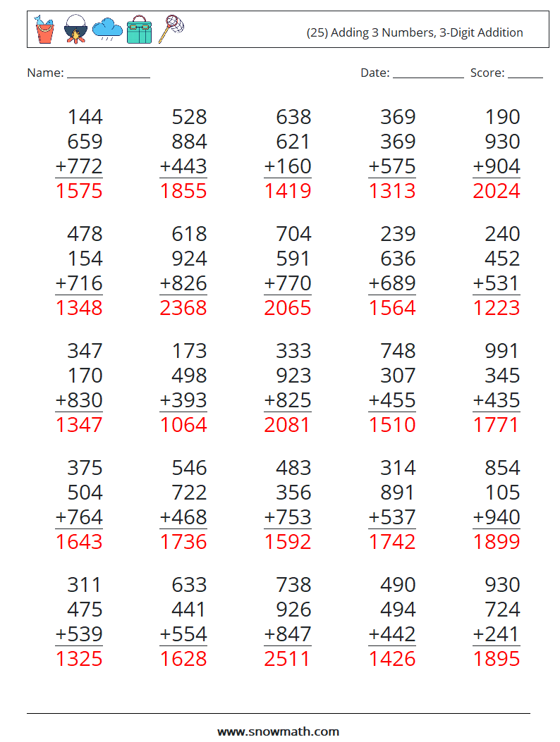 (25) Adding 3 Numbers, 3-Digit Addition Maths Worksheets 16 Question, Answer