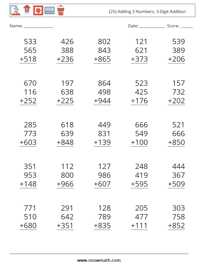 (25) Adding 3 Numbers, 3-Digit Addition Maths Worksheets 17