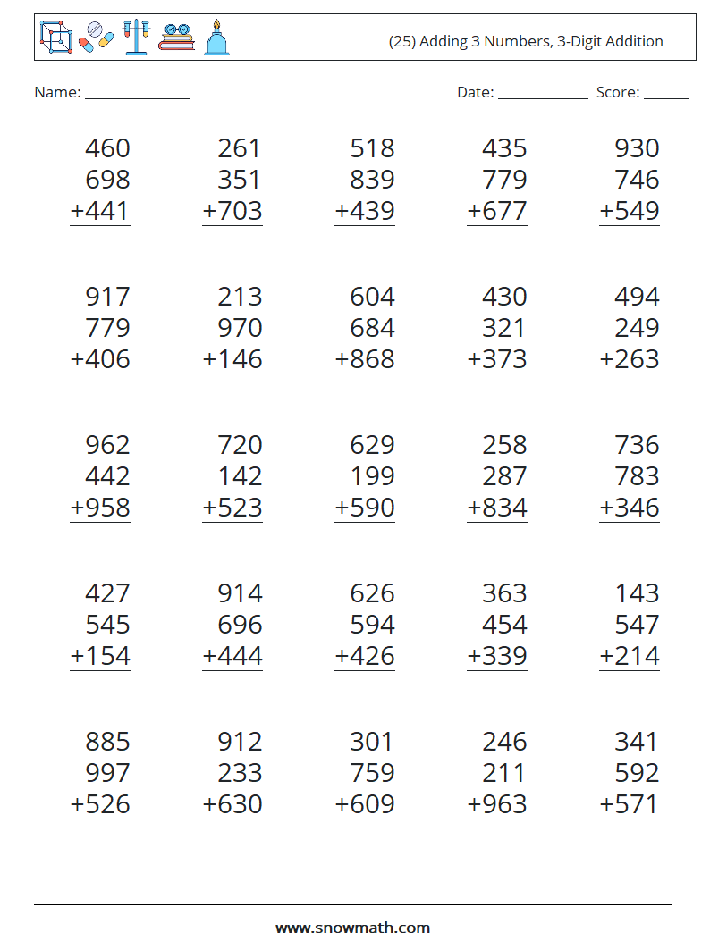 (25) Adding 3 Numbers, 3-Digit Addition Maths Worksheets 18