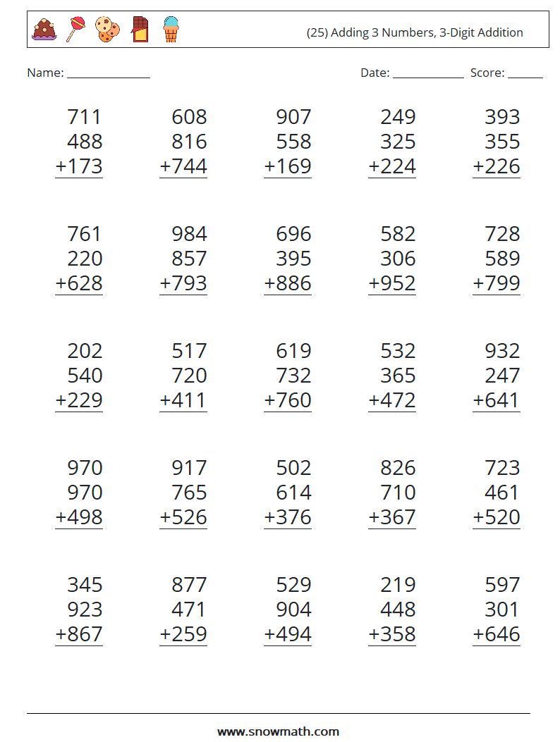 (25) Adding 3 Numbers, 3-Digit Addition Maths Worksheets 2