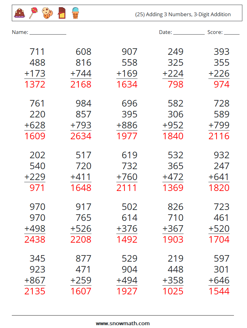 (25) Adding 3 Numbers, 3-Digit Addition Maths Worksheets 2 Question, Answer
