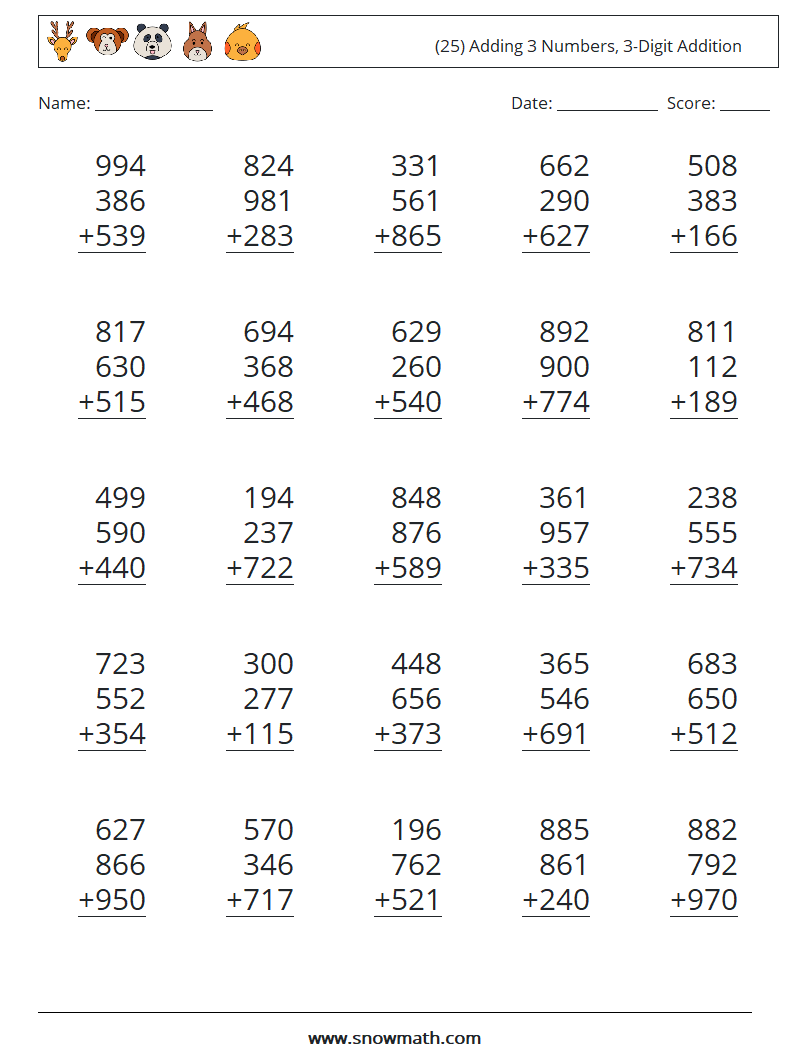 (25) Adding 3 Numbers, 3-Digit Addition Maths Worksheets 3