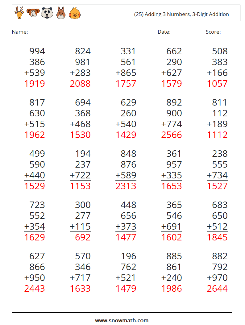 (25) Adding 3 Numbers, 3-Digit Addition Maths Worksheets 3 Question, Answer