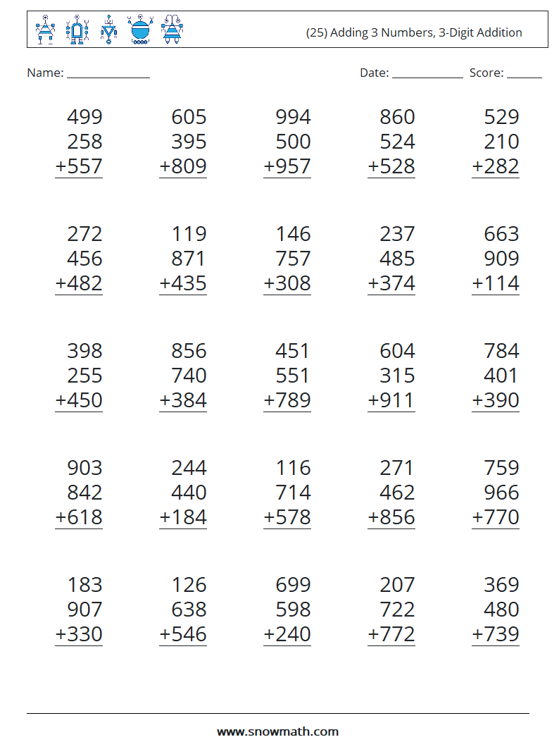 (25) Adding 3 Numbers, 3-Digit Addition Maths Worksheets 4